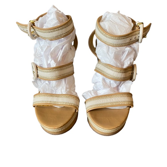 COACH tan and cream woven straw wedge platforms with ankle strap - maralee style - Picture 3 of 11